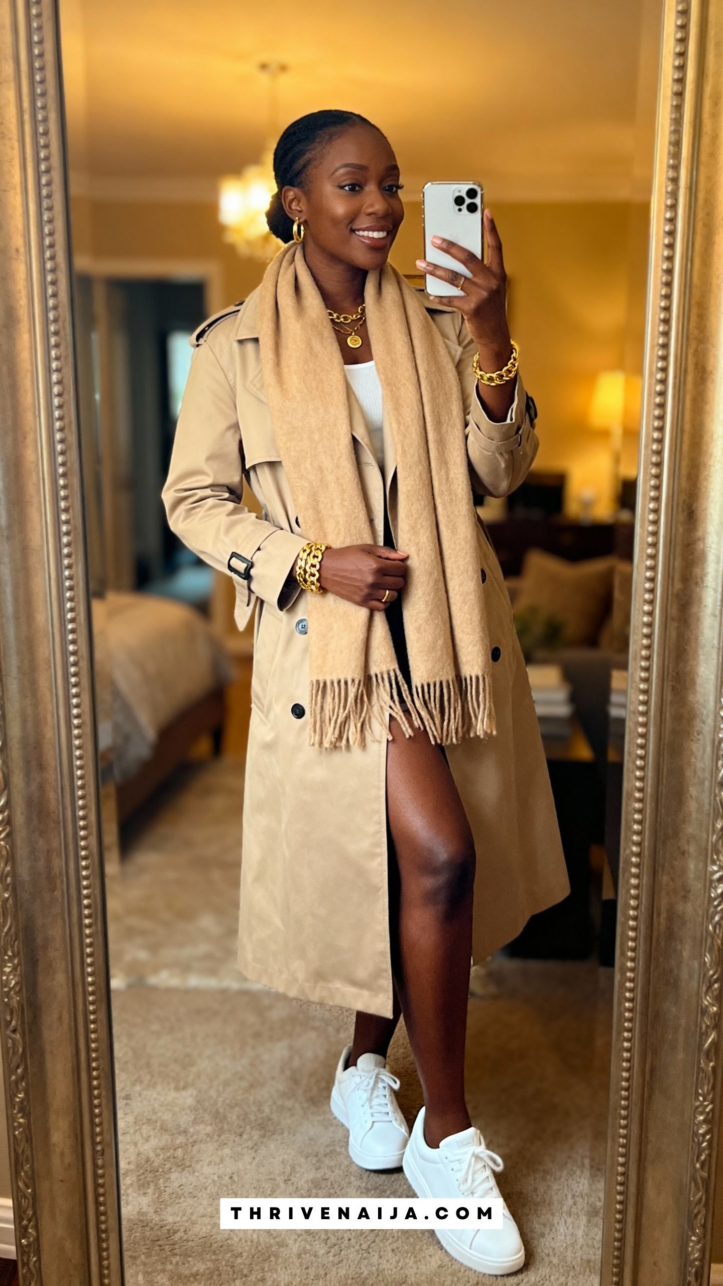 Trench Coat with Matching Scarf and Sneakers