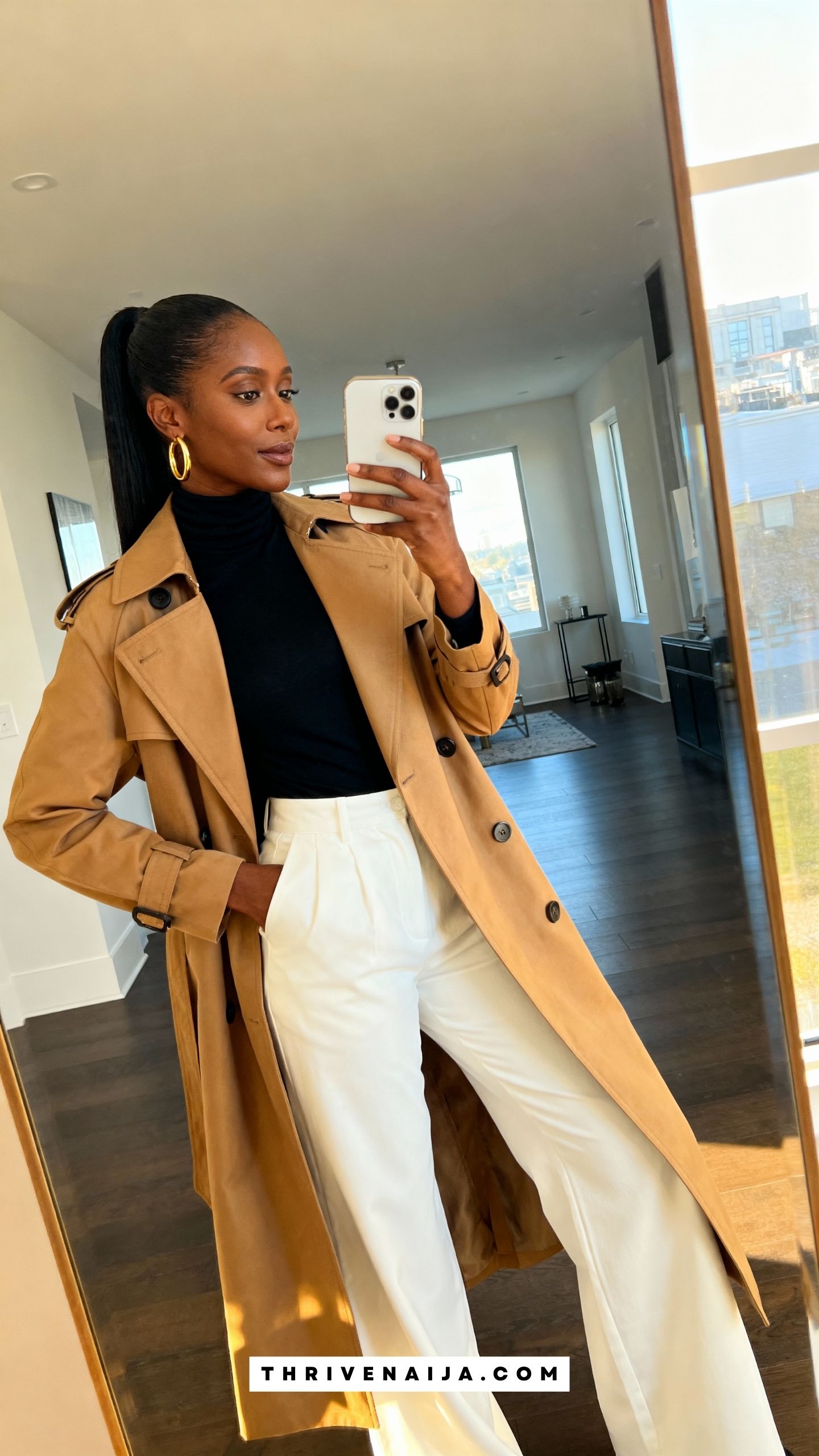 Trench Coat with Wide-Leg Pants and Turtleneck