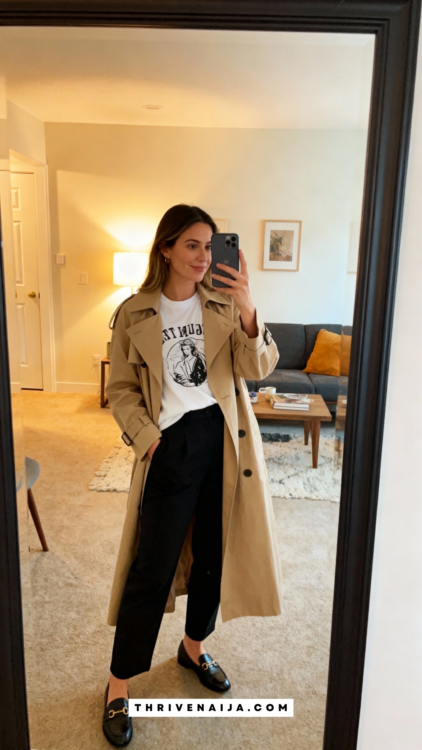 Trench with Graphic Tee and Loafers