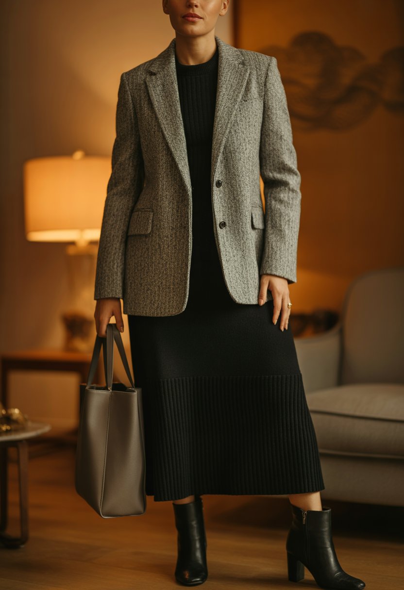 Tweed Blazer with Simple Knit Dress