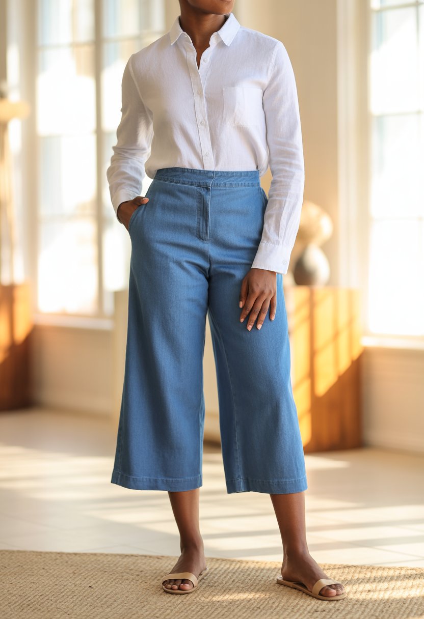 White Linen Shirt with Denim Culottes
