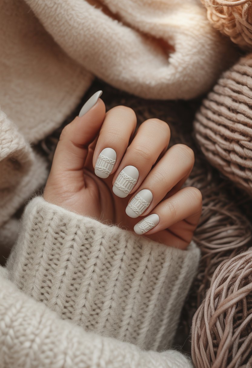 White Sweater Texture Christmas Nails