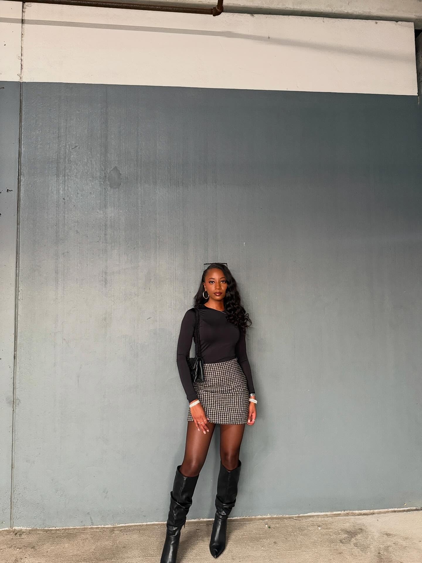 Mini Plaid Skirt with Fitted Top and Knee Boots