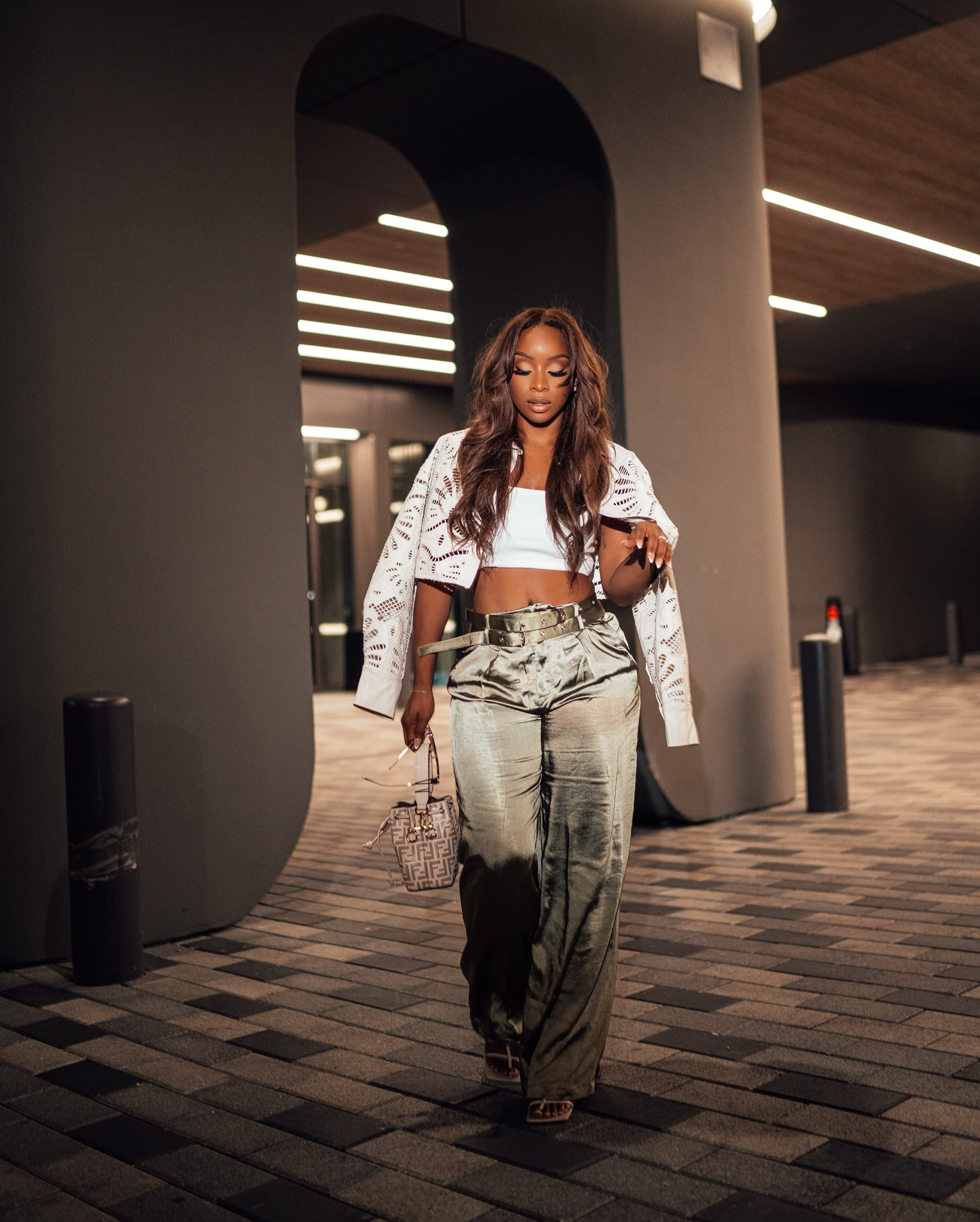 Metallic Wide Leg Pants with Crop Top and Jacket