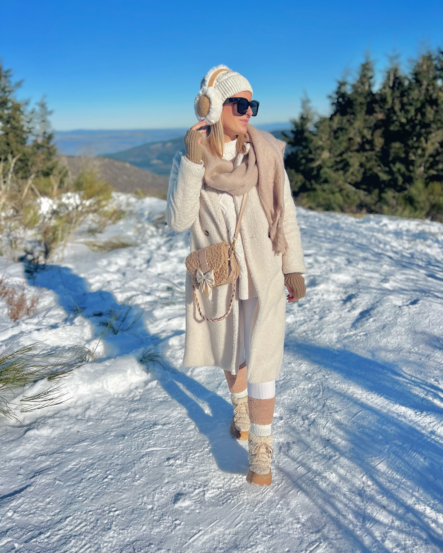 Trench Coat with Leggings and Scarf