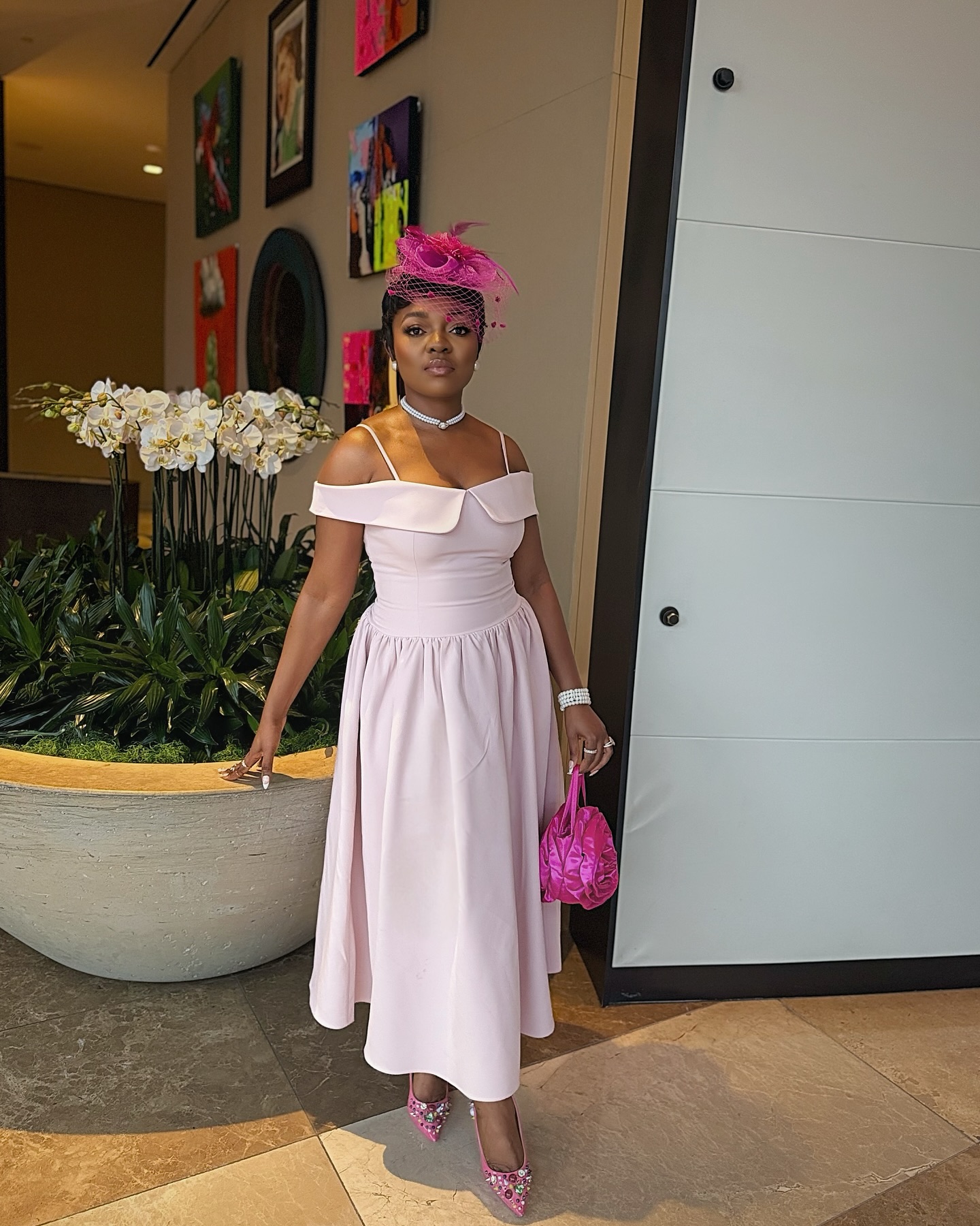 Midi Dress With Pink Fascinator and Heels