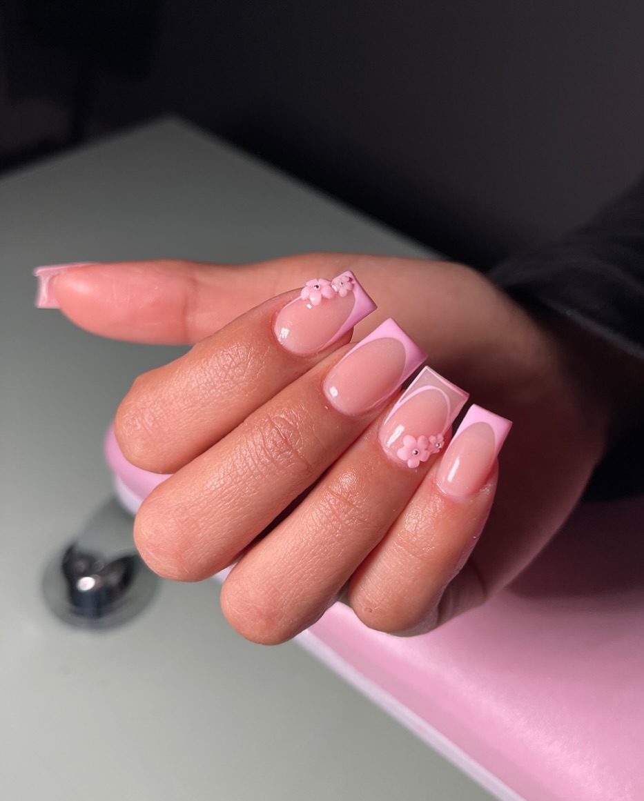 Pink Nails with 3D Flowers