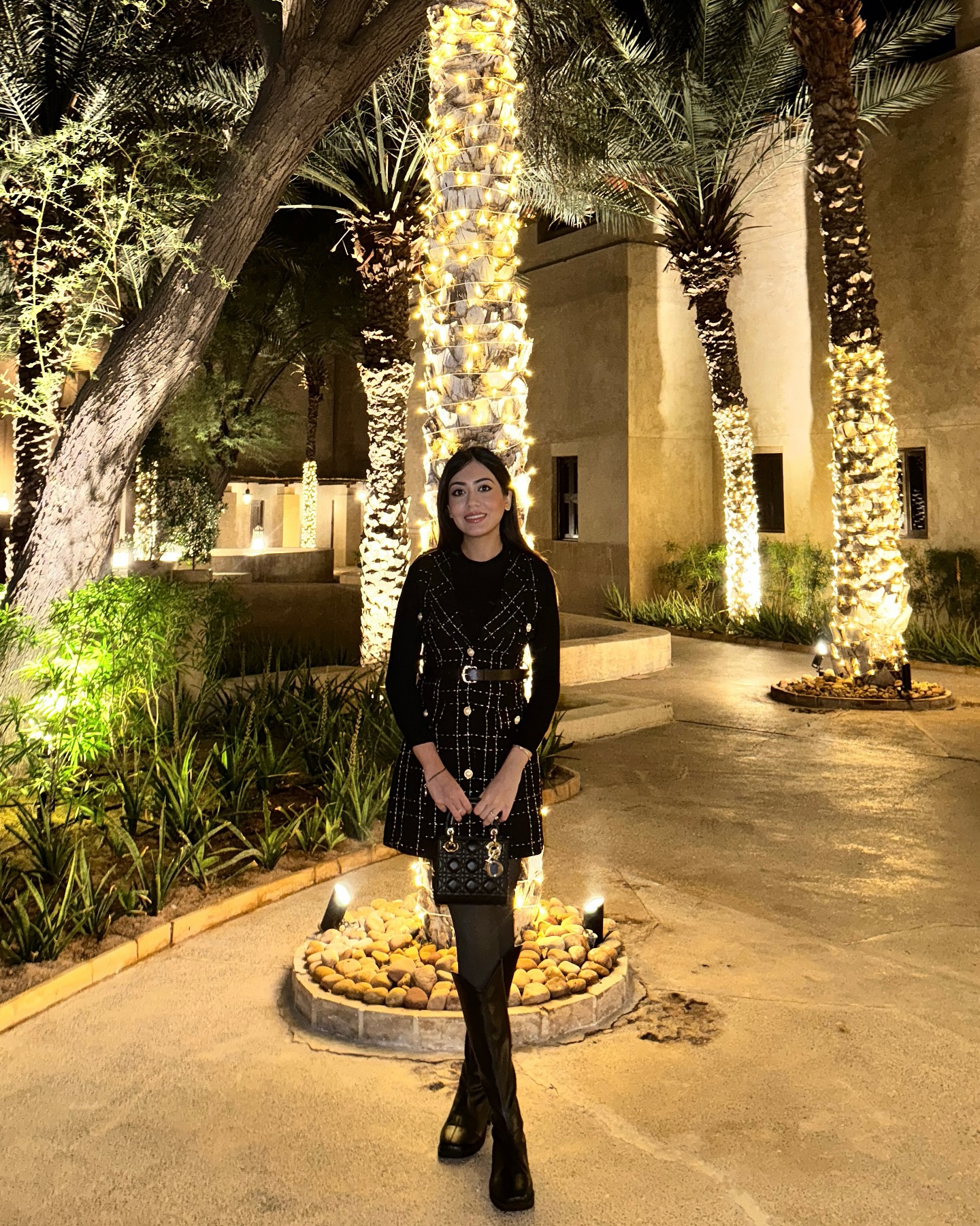 Top and Tweed Dress with High Boots