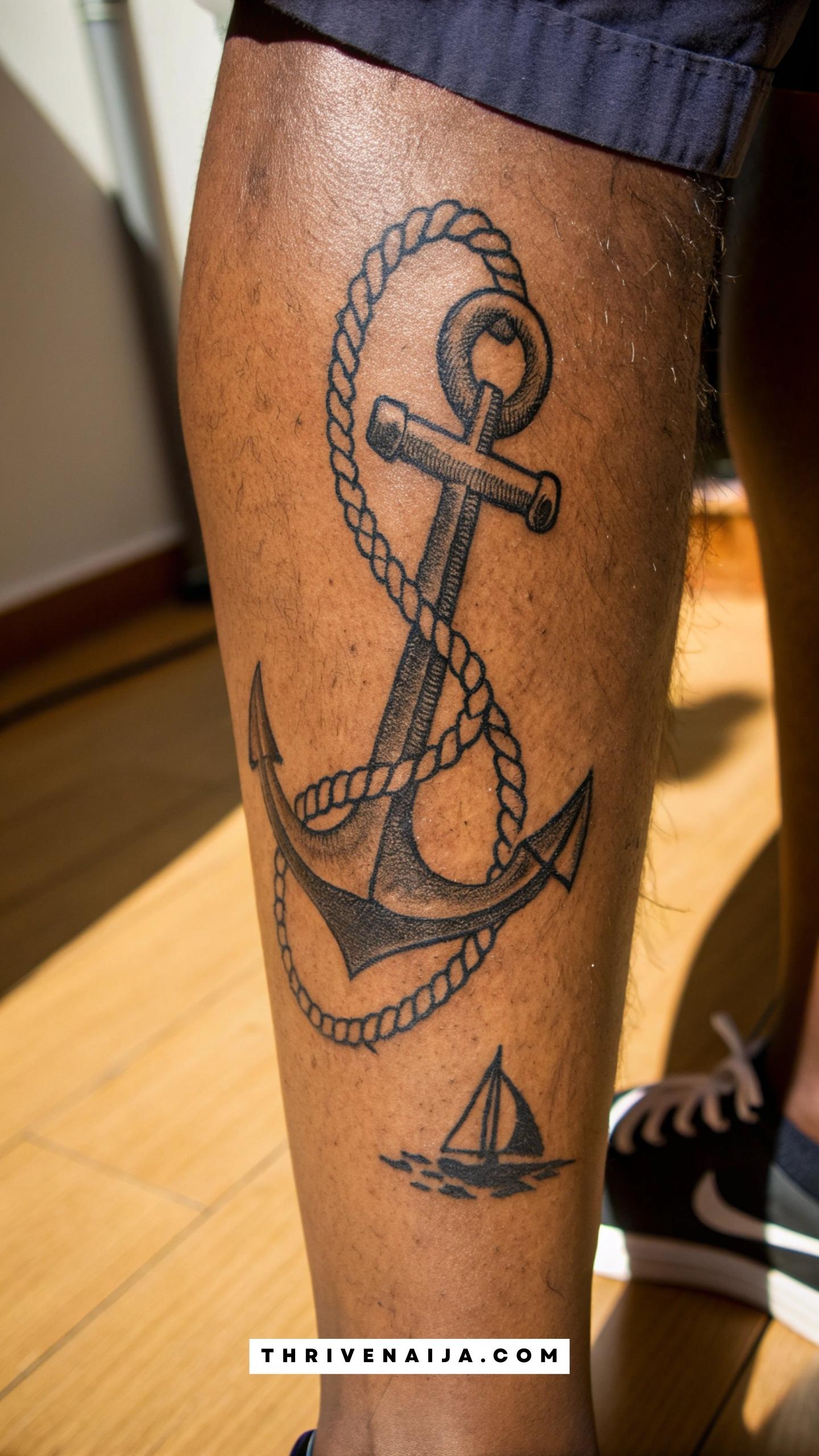 Anchor and Rope Calf Tattoo