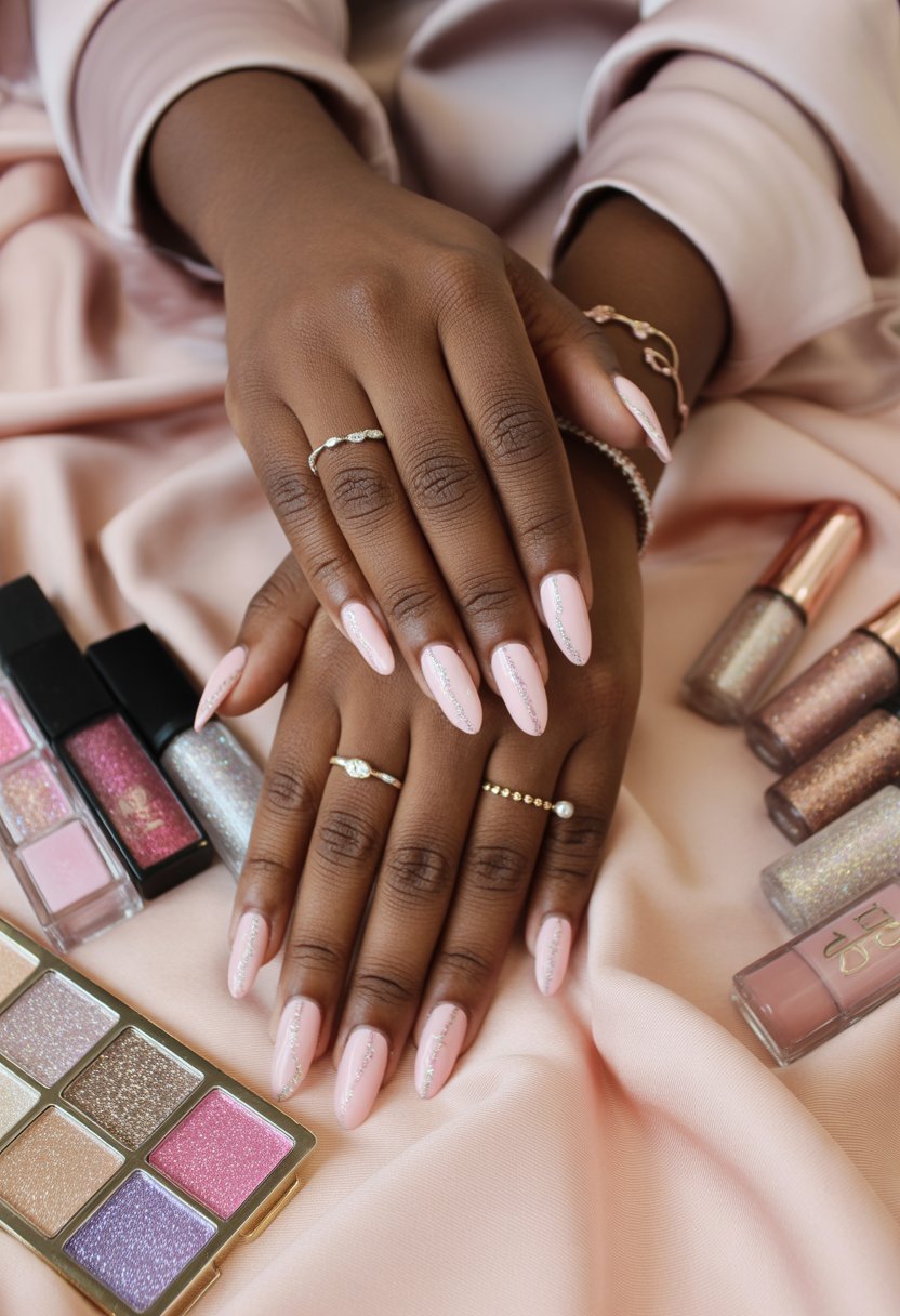 Baby Pink Almond Nails with Glitter Line Art