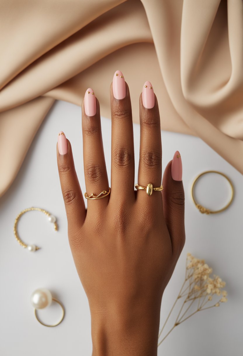 Baby Pink Almond Nails with Gold Cuticle Dots