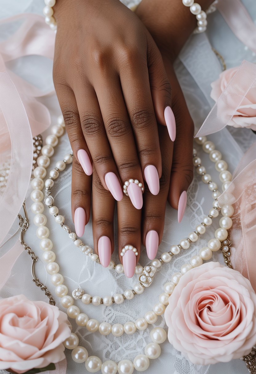 Baby Pink Almond Nails with Pearl Embellishments
