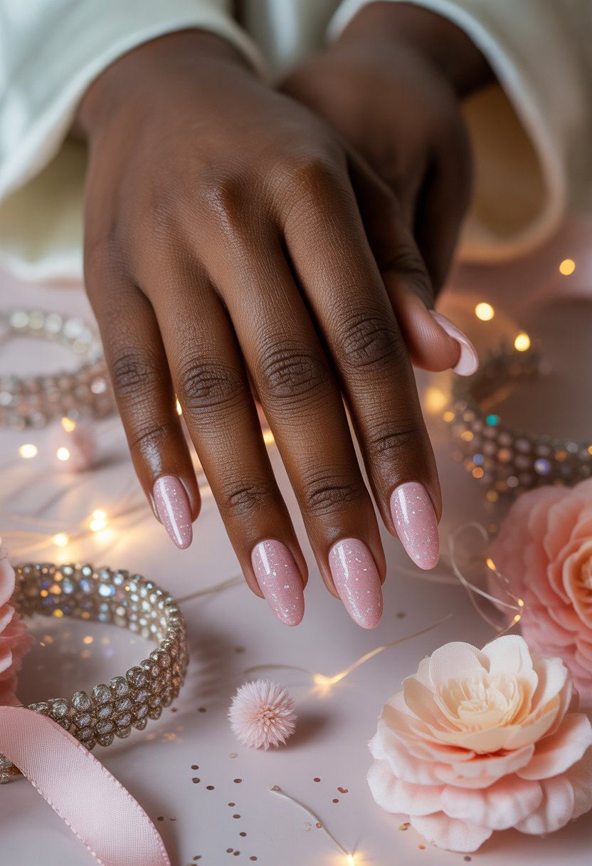 Baby Pink Almond Nails with Star Dust Shimmer