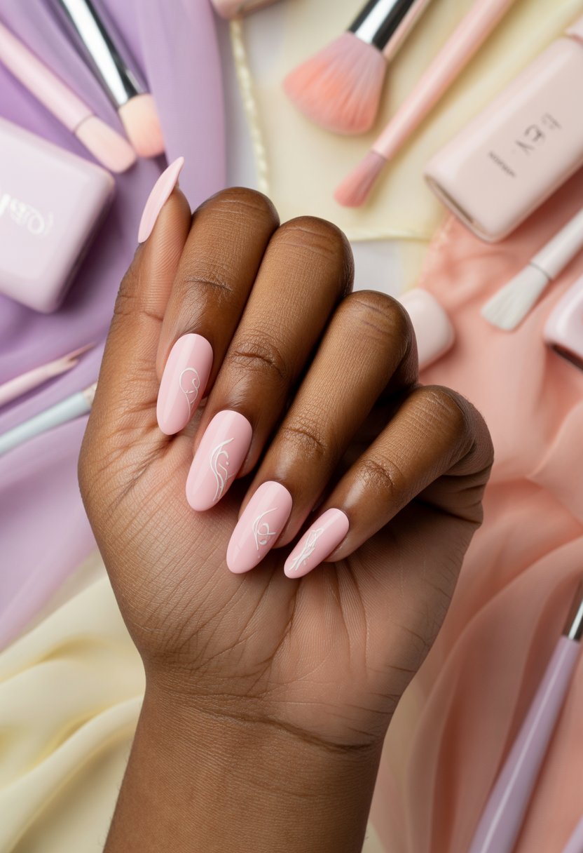 Baby Pink Almond Nails with Subtle Swirls