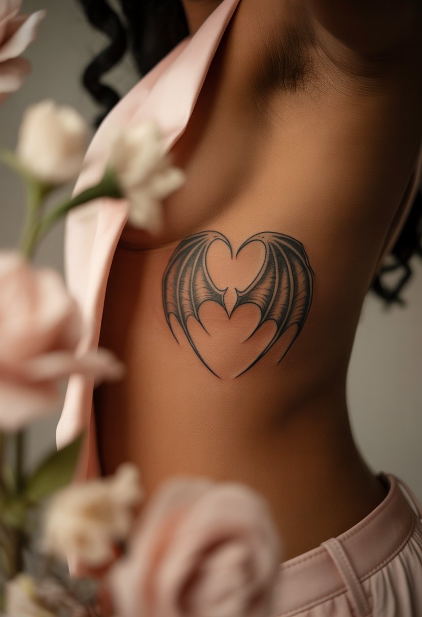 Bat Wing Heart Rib Tattoo