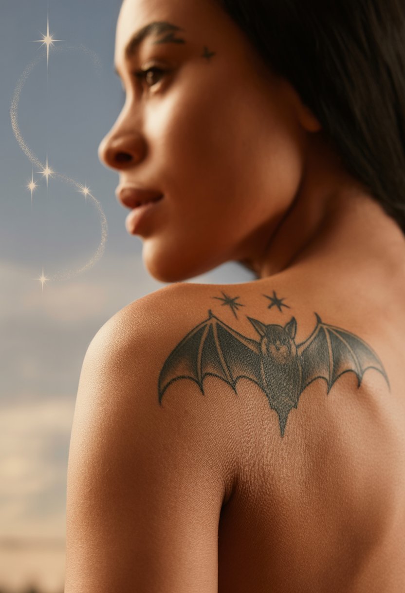 Bat and Stars Shoulder Tattoo
