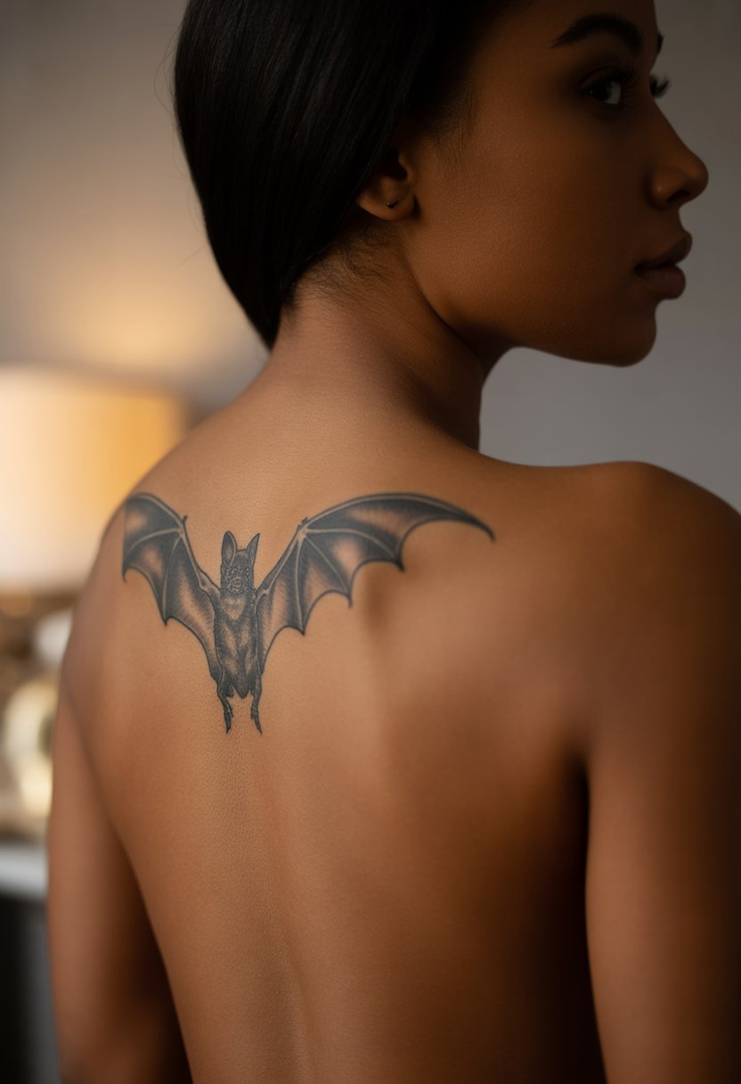 Bat in Flight Spine Tattoo