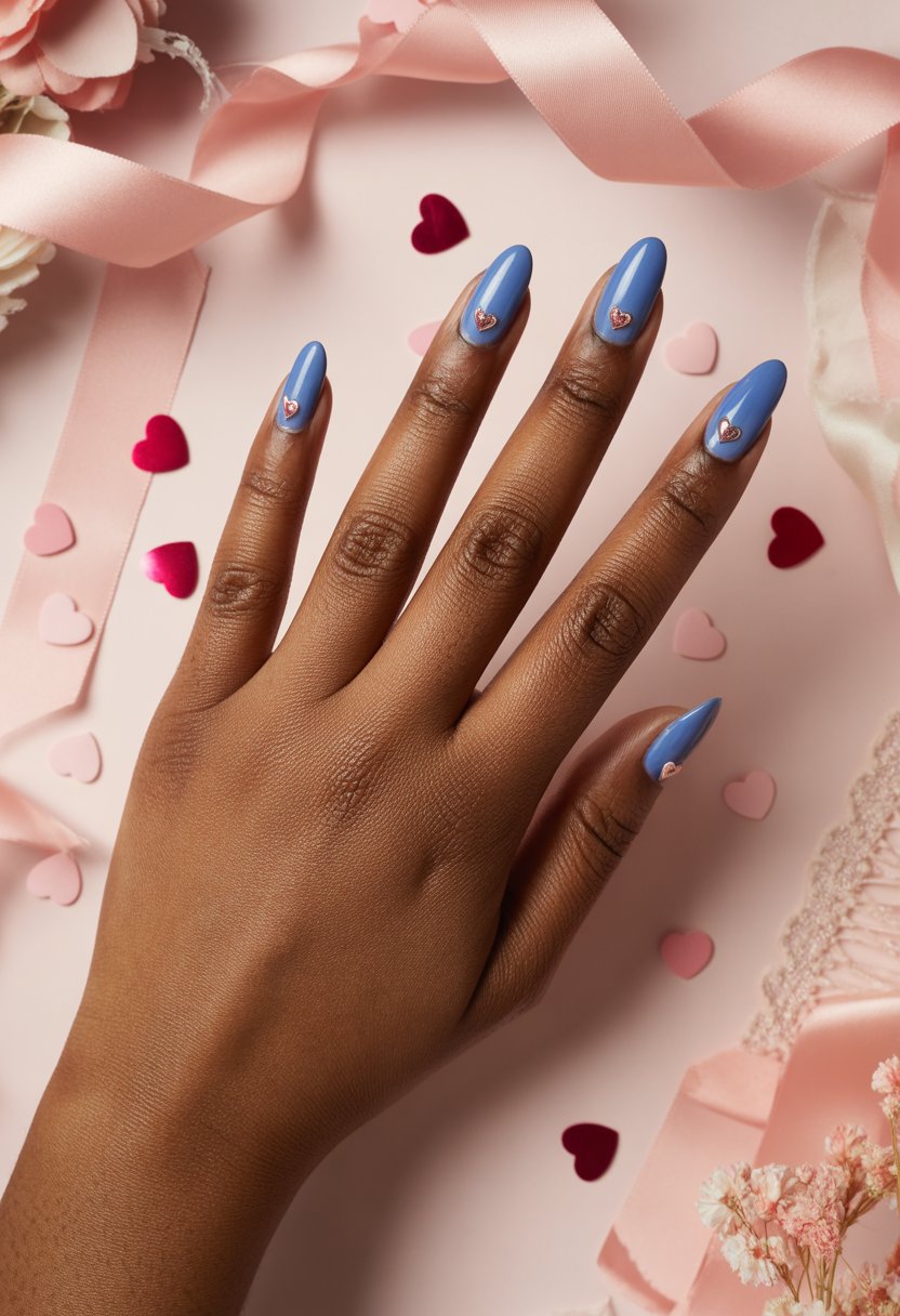 Blue Almond Nails with Tiny Hearts