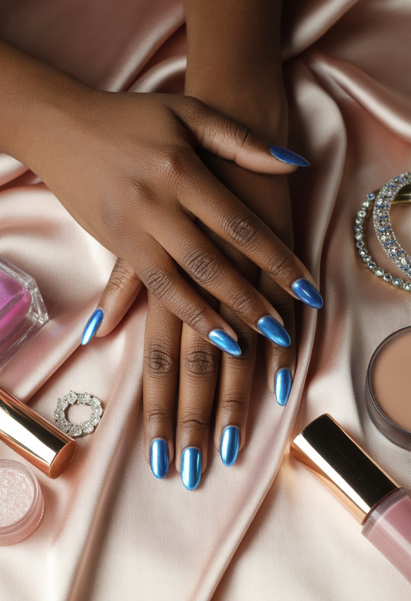 Blue Chrome Almond Nails