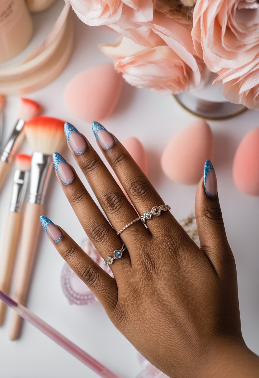 Blue French Almond Tips with Glitter Outline