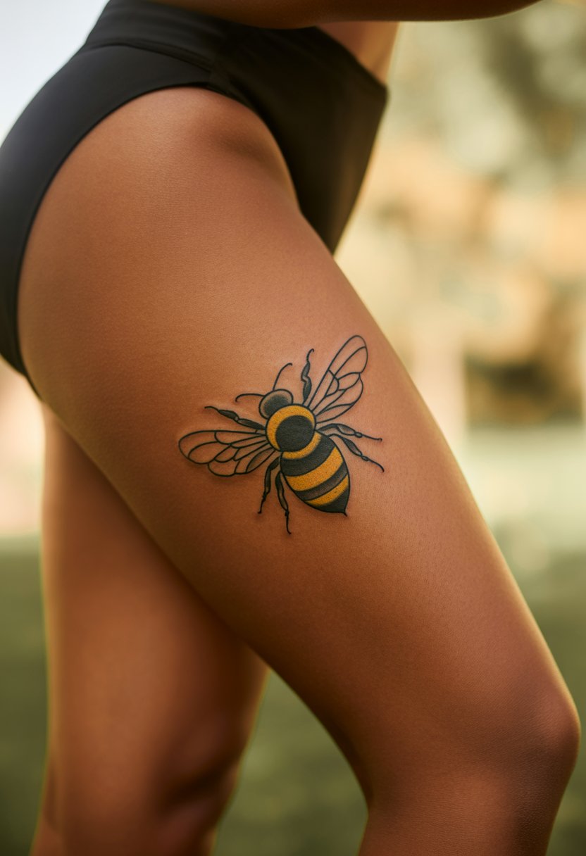 Bold Traditional Bee Thigh Tattoo