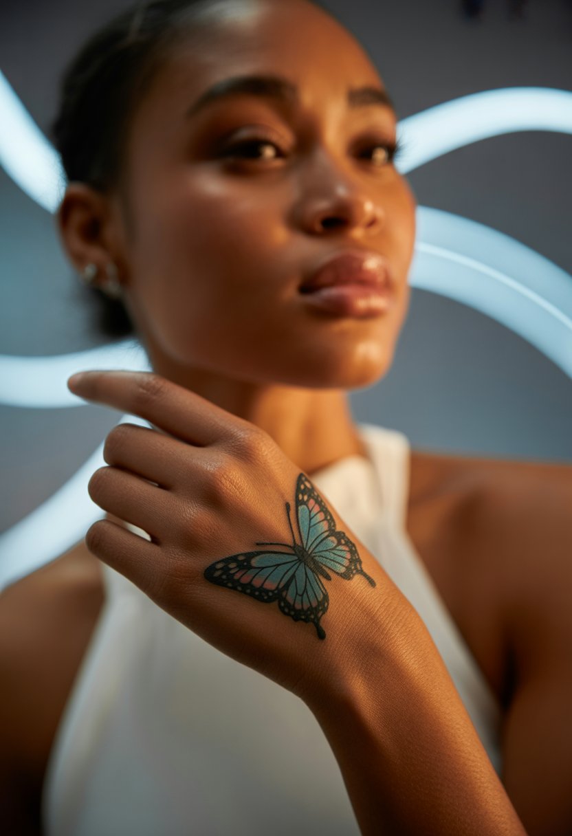Chrome Butterfly Hand Tattoo