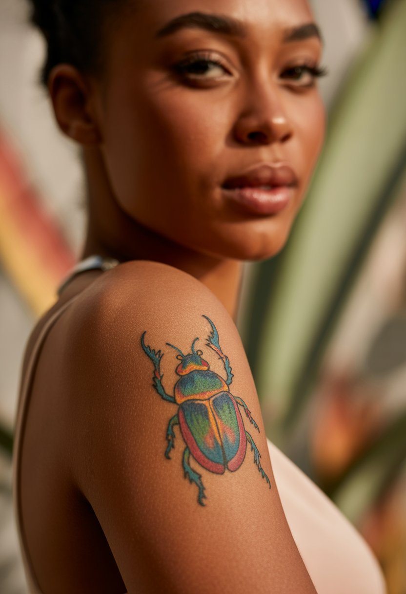 Colorful Beetle Upper Arm Tattoo
