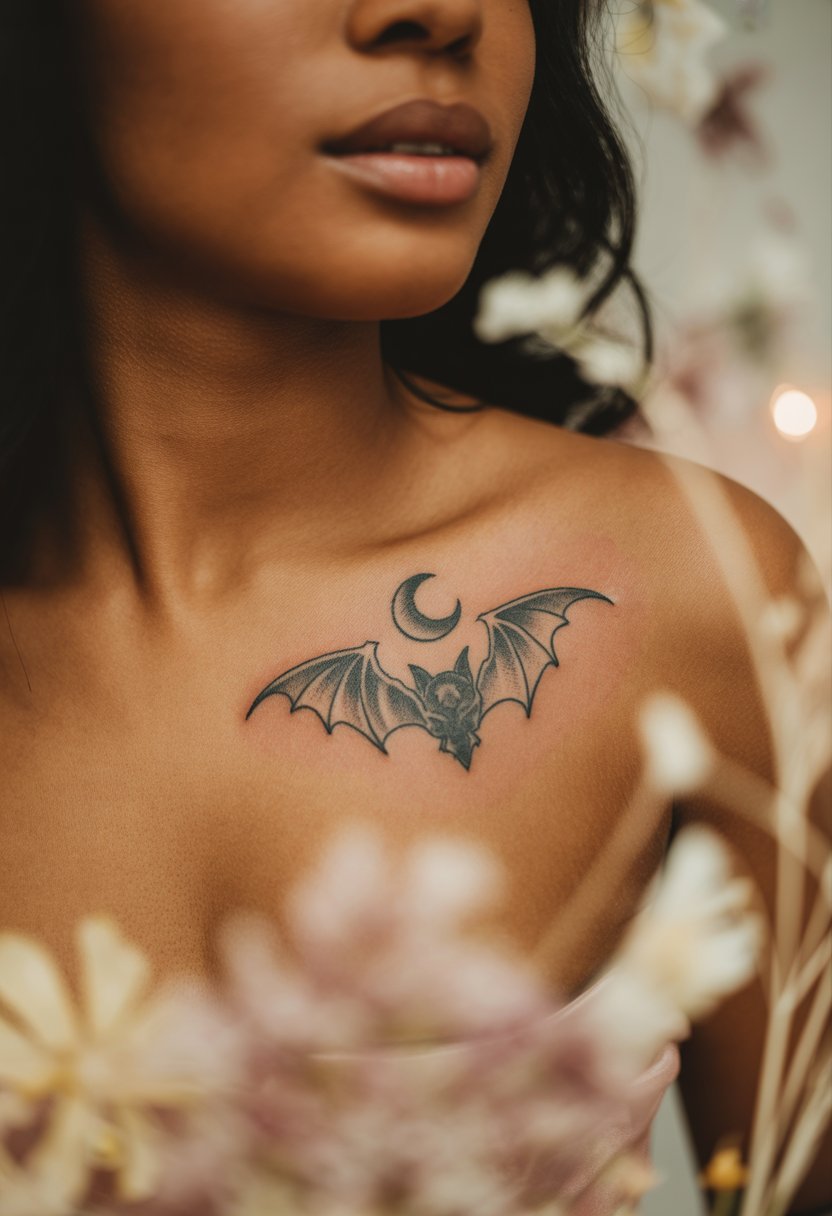 Crescent Moon and Bat Collarbone Tattoo