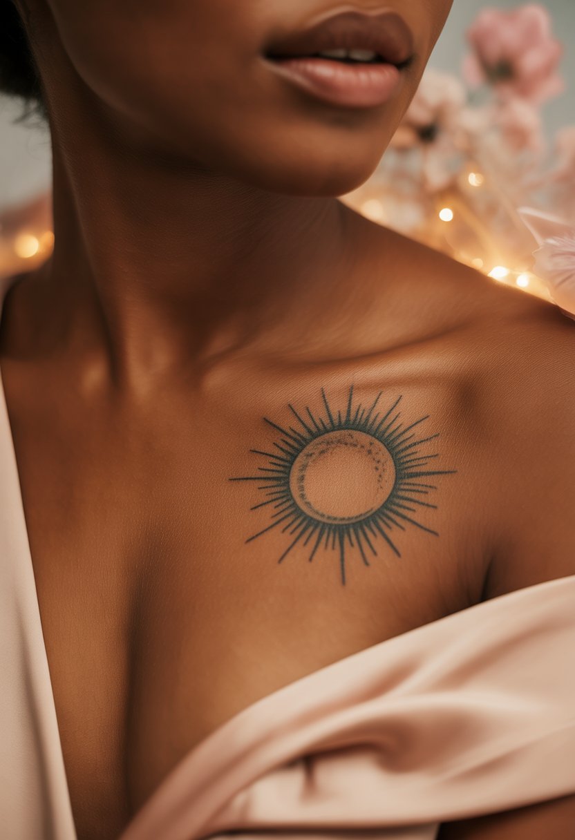 Crescent Moon and Rising Sun Collarbone Tattoo
