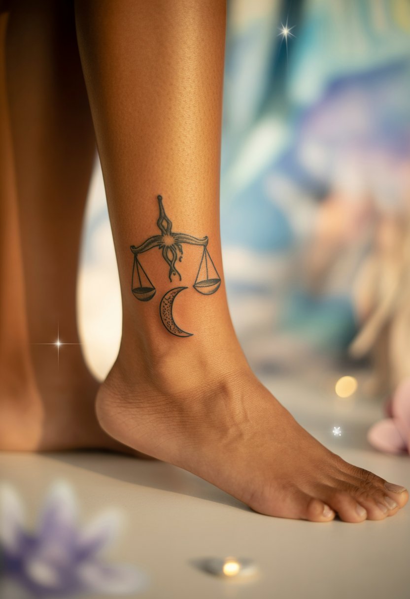 Crescent Moon and Scales Ankle Tattoo