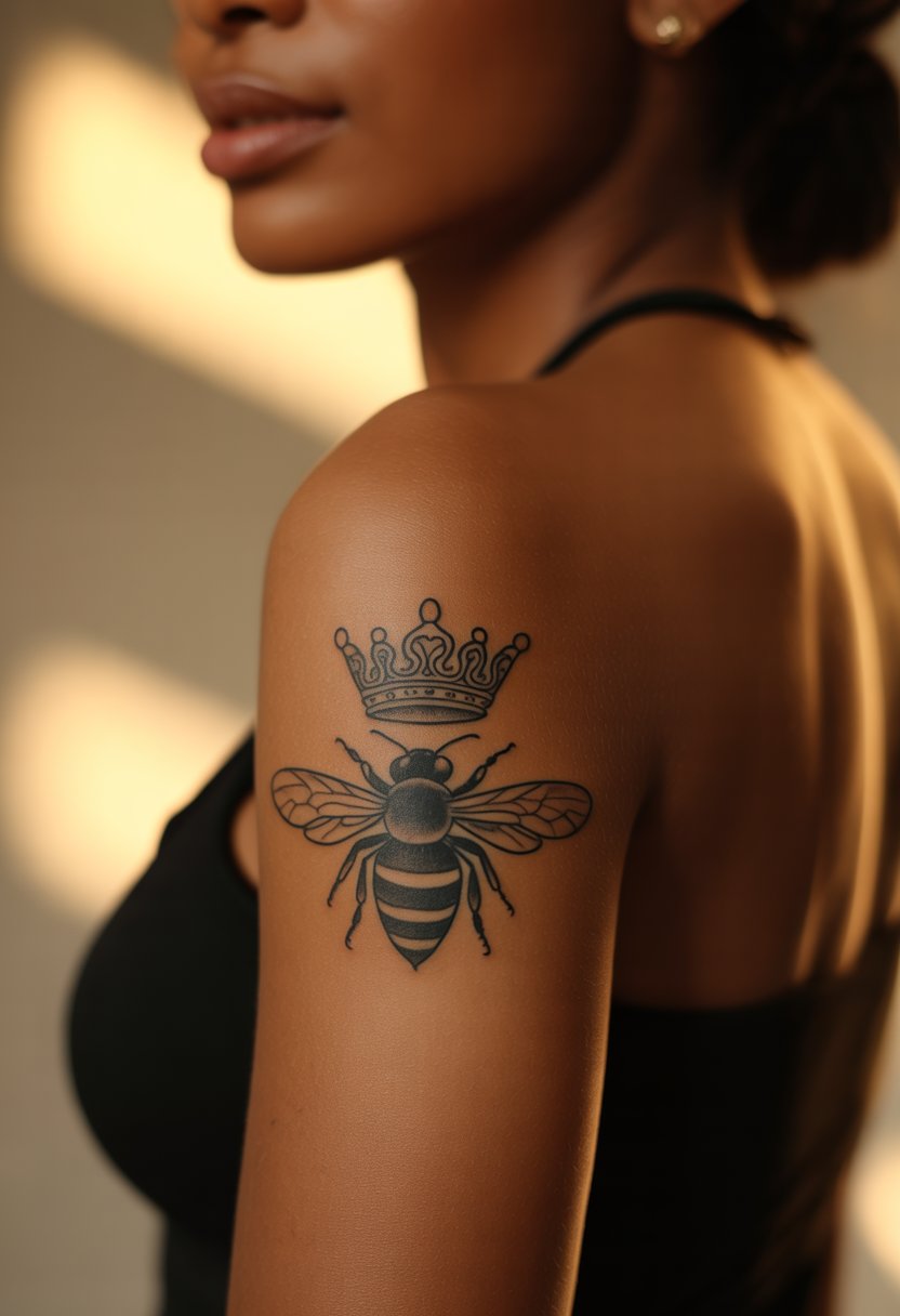 Crowned Bee Upper Arm Tattoo