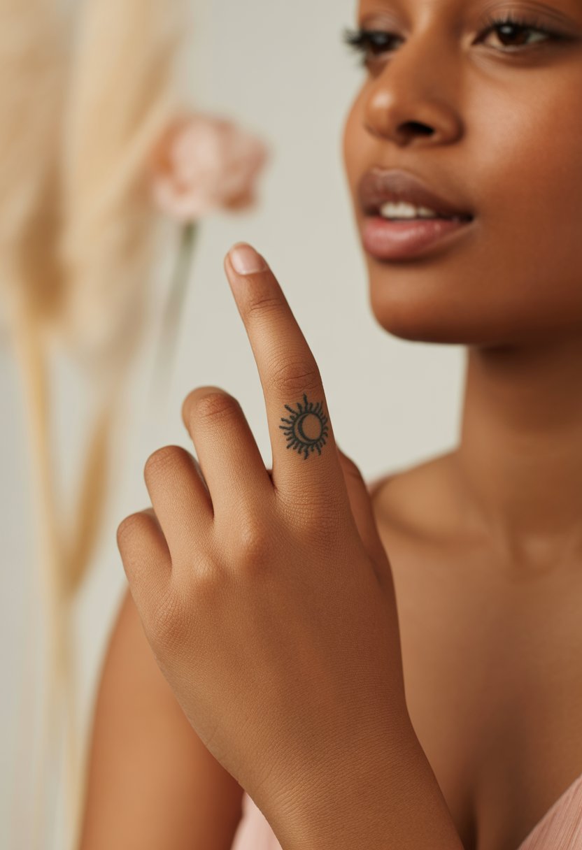 Delicate Moon Kissed by Sun Finger Tattoo