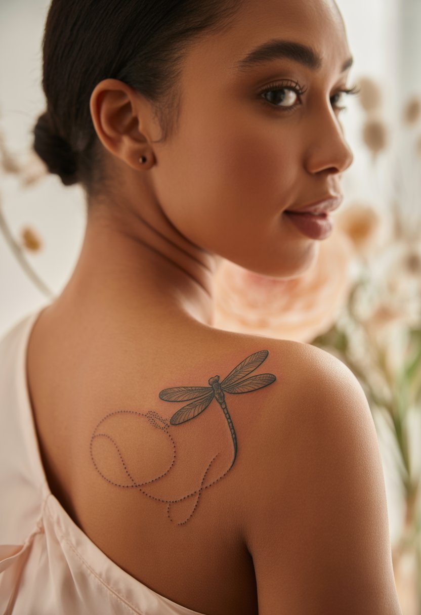 Dragonfly and Dots Shoulder Tattoo