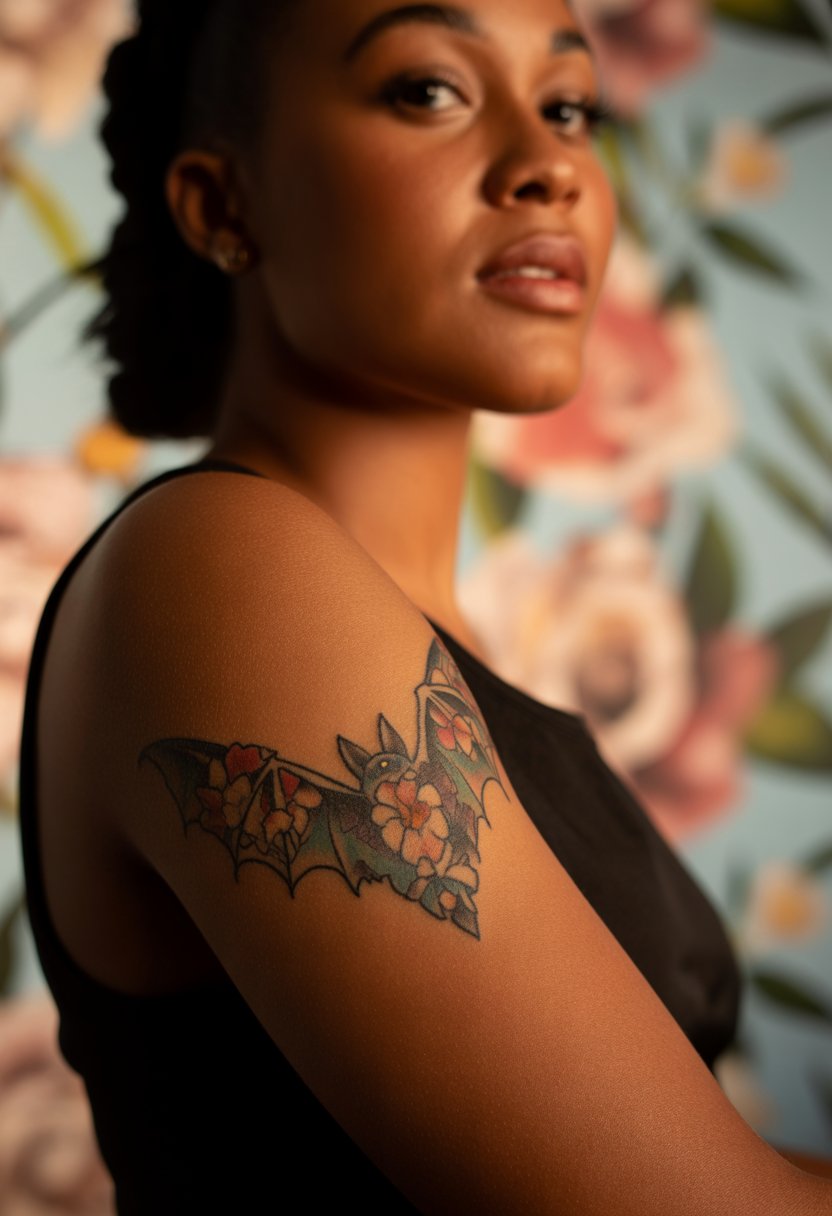 Floral Bat Forearm Tattoo