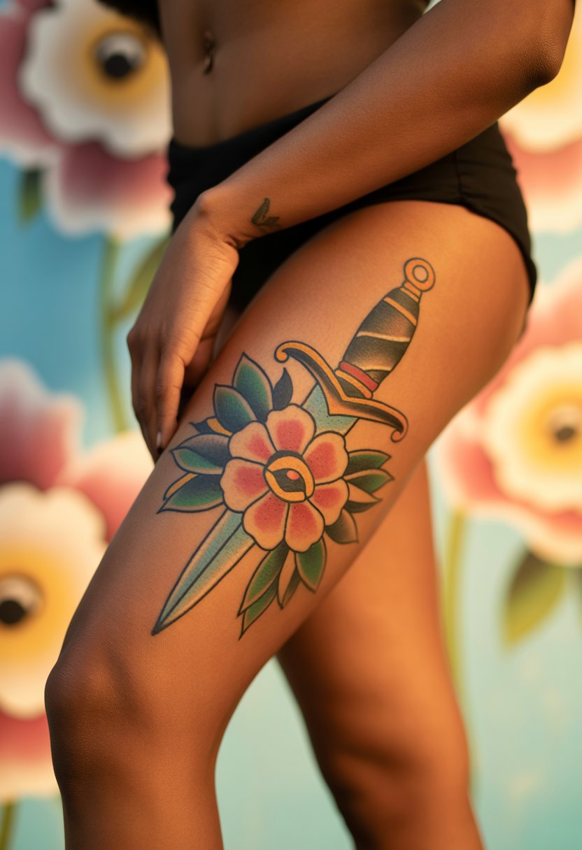 Girly Dagger and Flower Thigh Tattoo