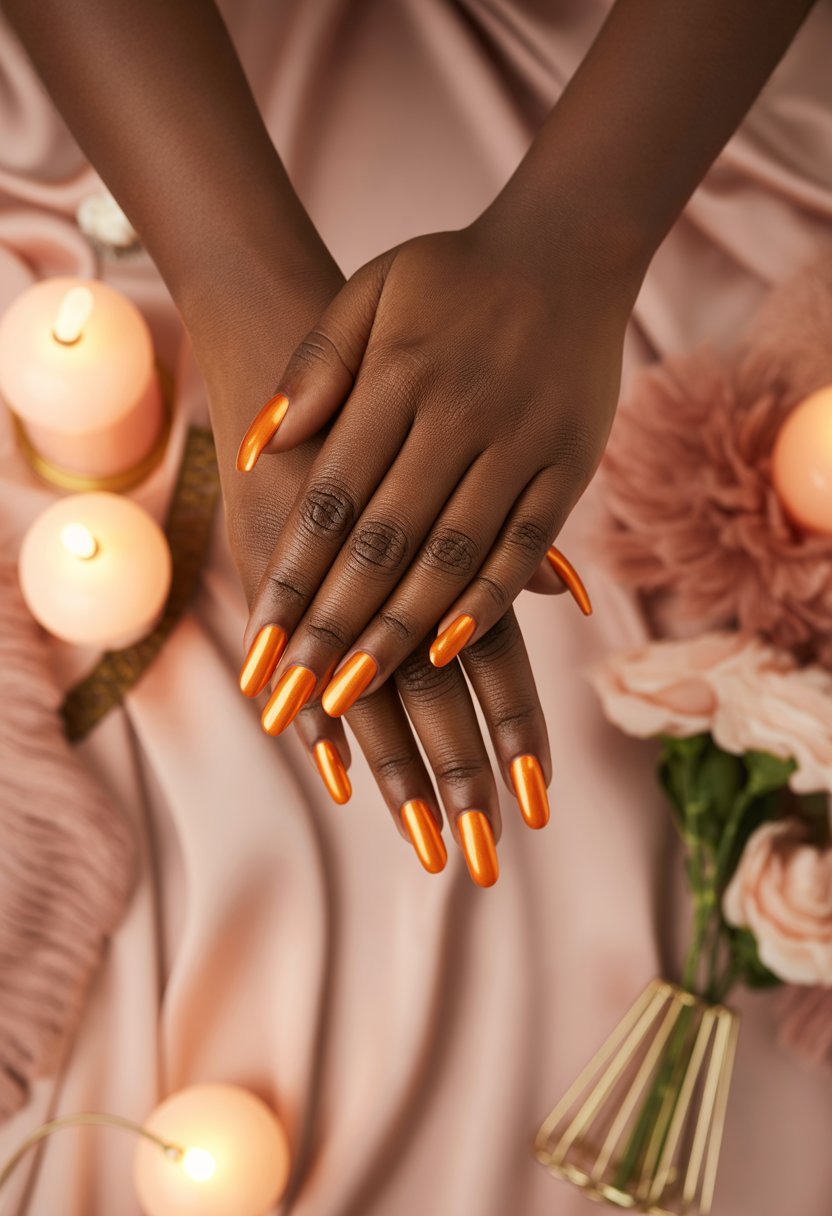 Glossy Orange Chrome Aura Nails