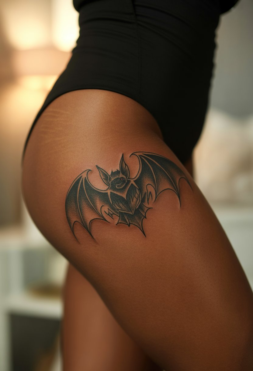 Gothic Bat Thigh Tattoo