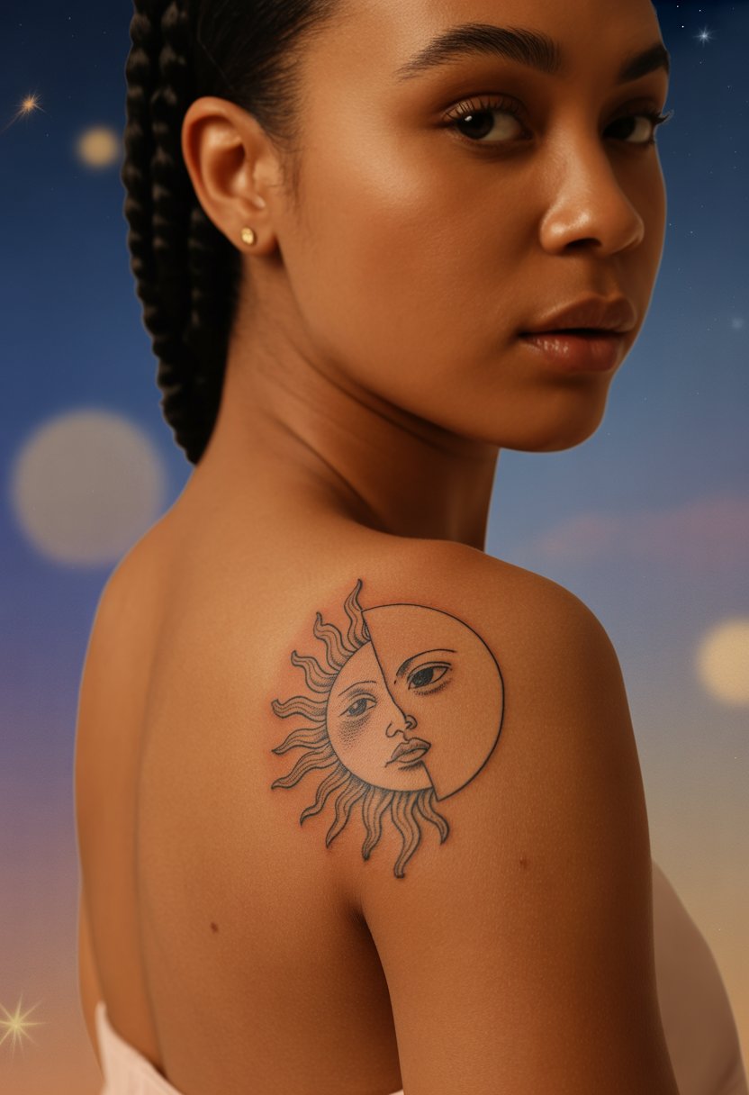 Half Sun, Half Moon Shoulder Tattoo