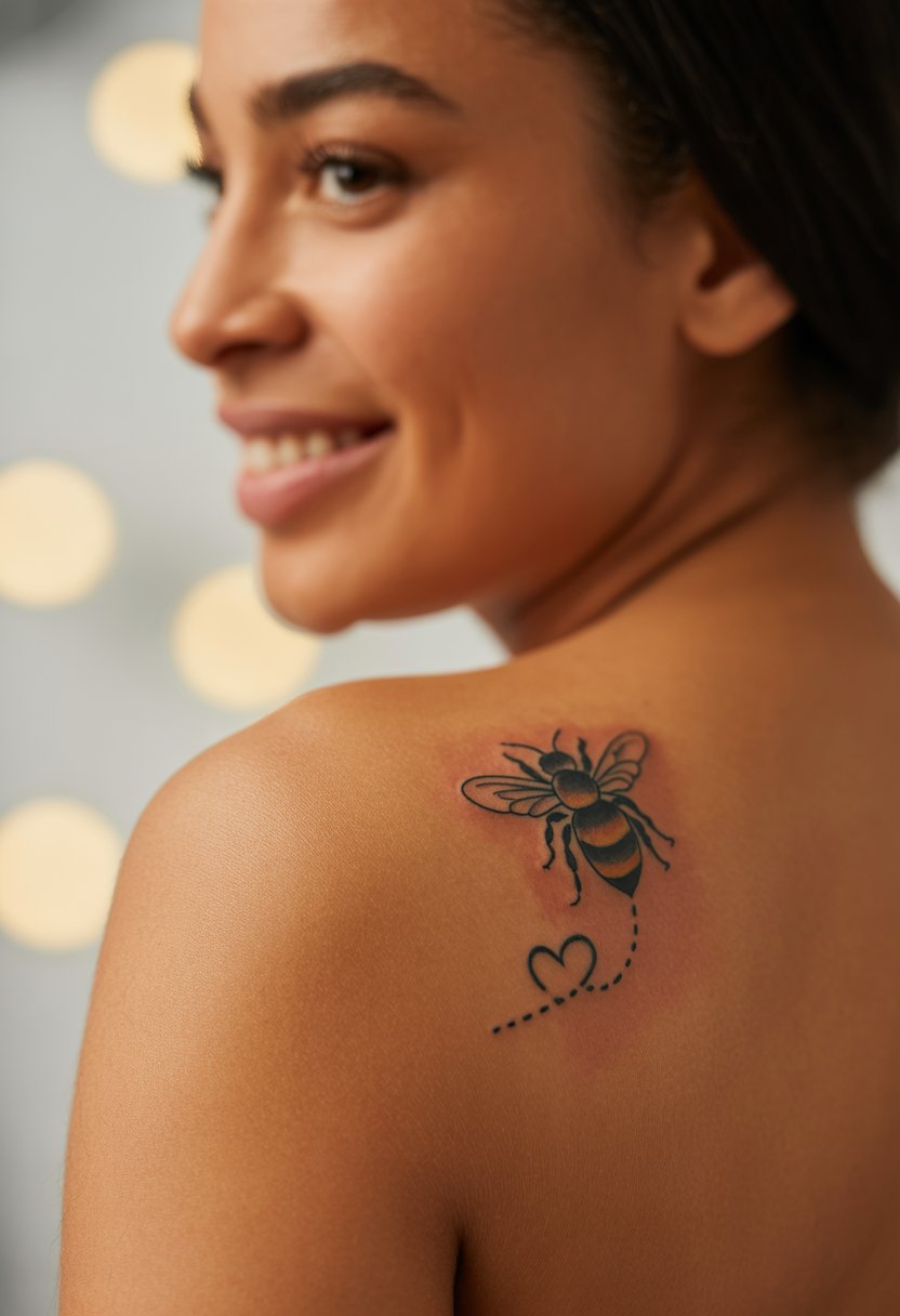 Heart-Shaped Bee Trail Shoulder Tattoo