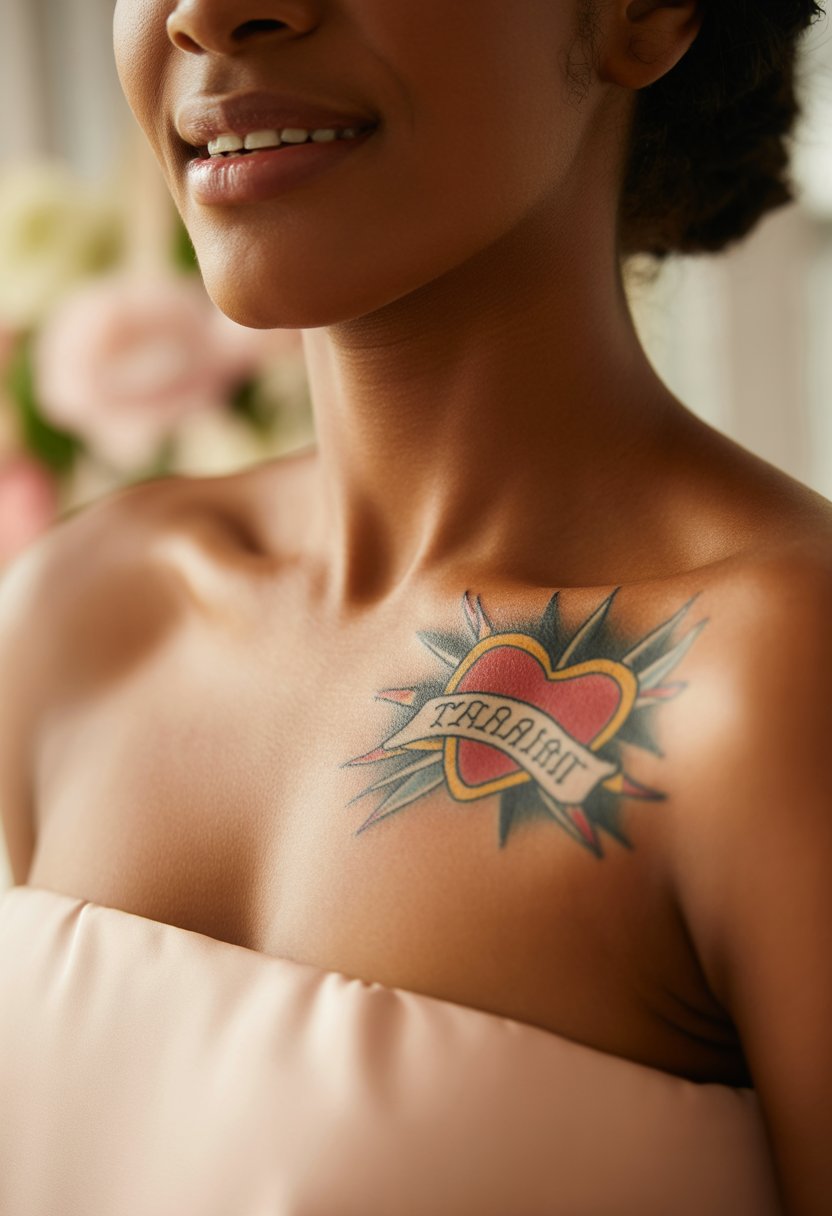 Heart and Banner Collarbone Tattoo