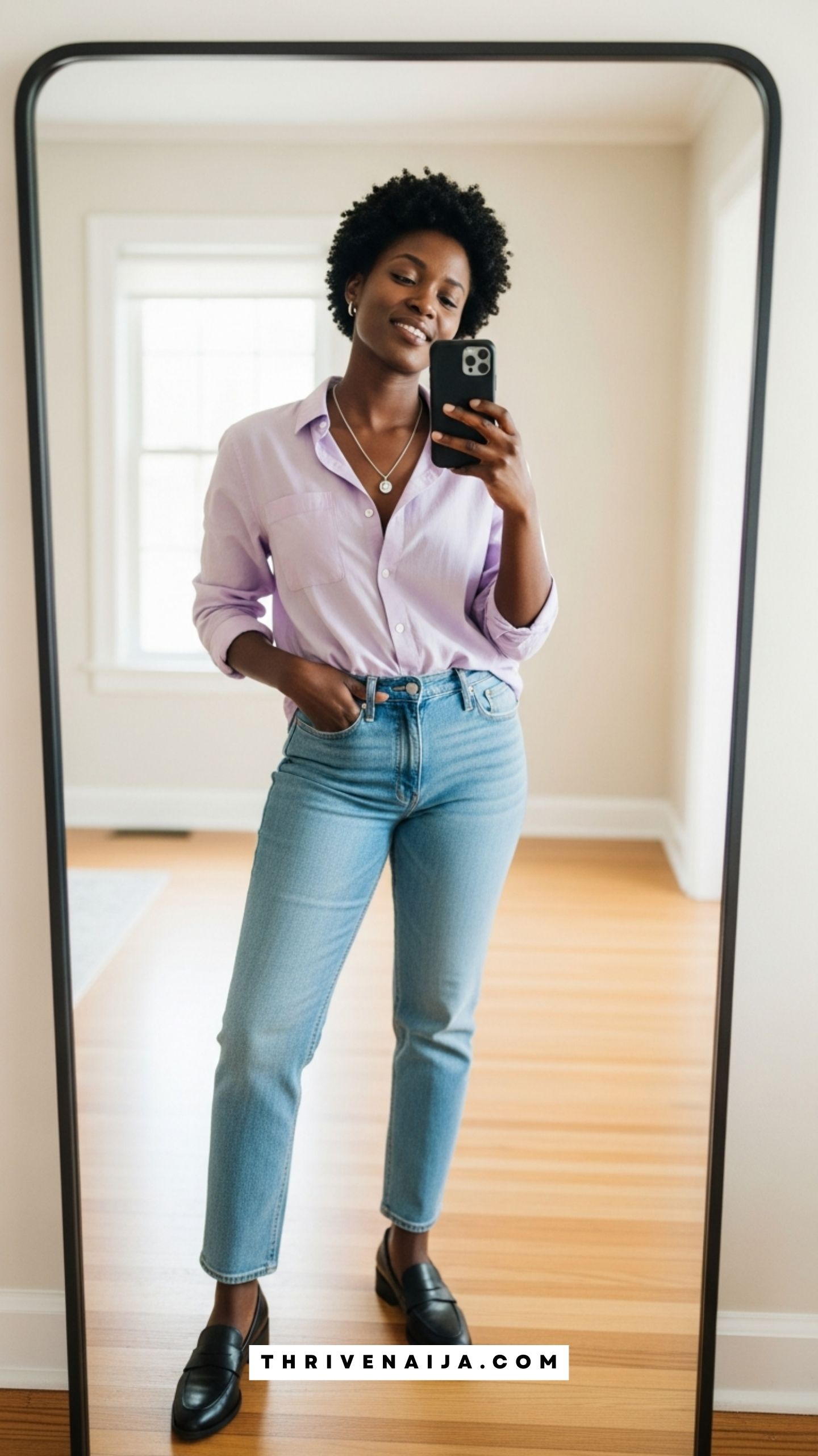 Lavender Button-Up With Straight-Leg Jeans