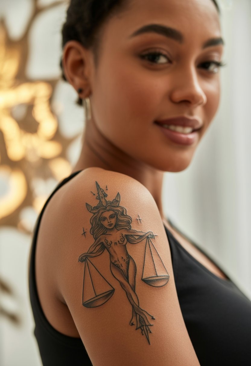 Libra Goddess Upper Arm Tattoo