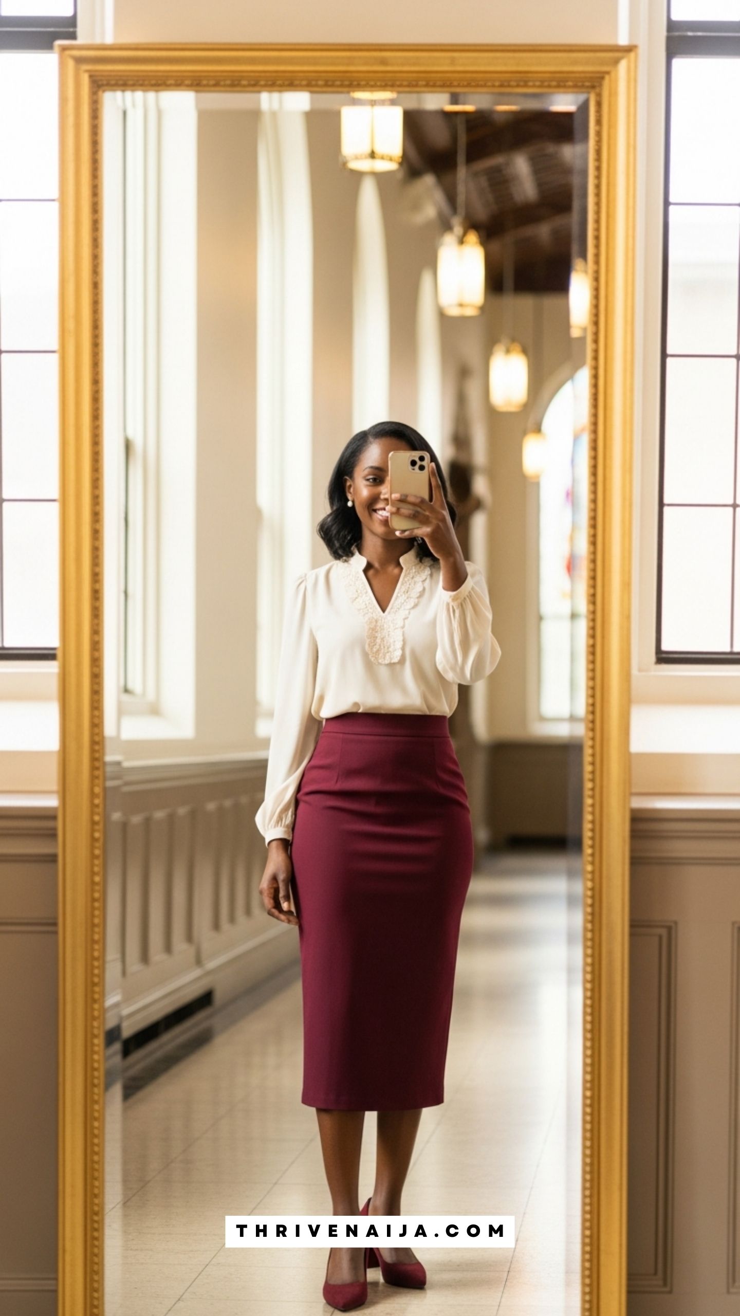 Midi Pencil Skirt With a Soft Blouse