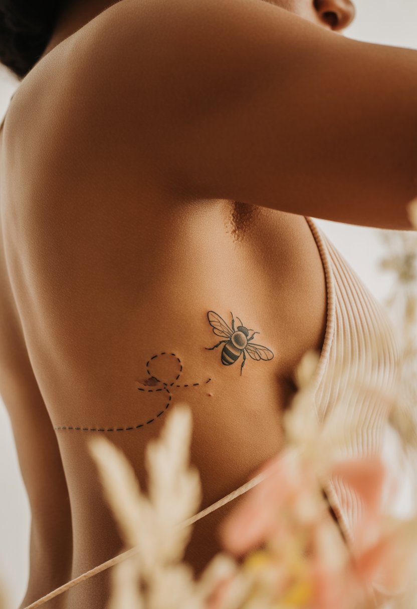 Mini Bee and Dashes Rib Tattoo
