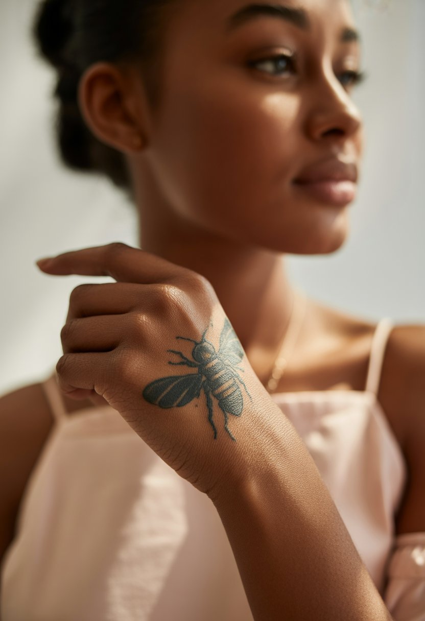 Minimal Bee Silhouette Hand Tattoo