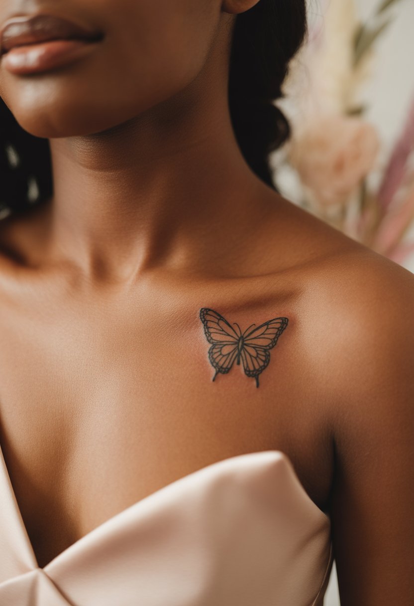 Minimal Butterfly Outline Collarbone Tattoo