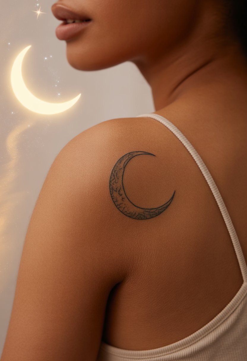 Minimal Crescent Moon Shoulder Tattoo