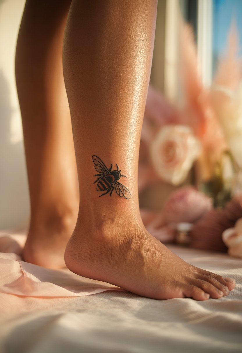Minimal Flying Bee Ankle Tattoo