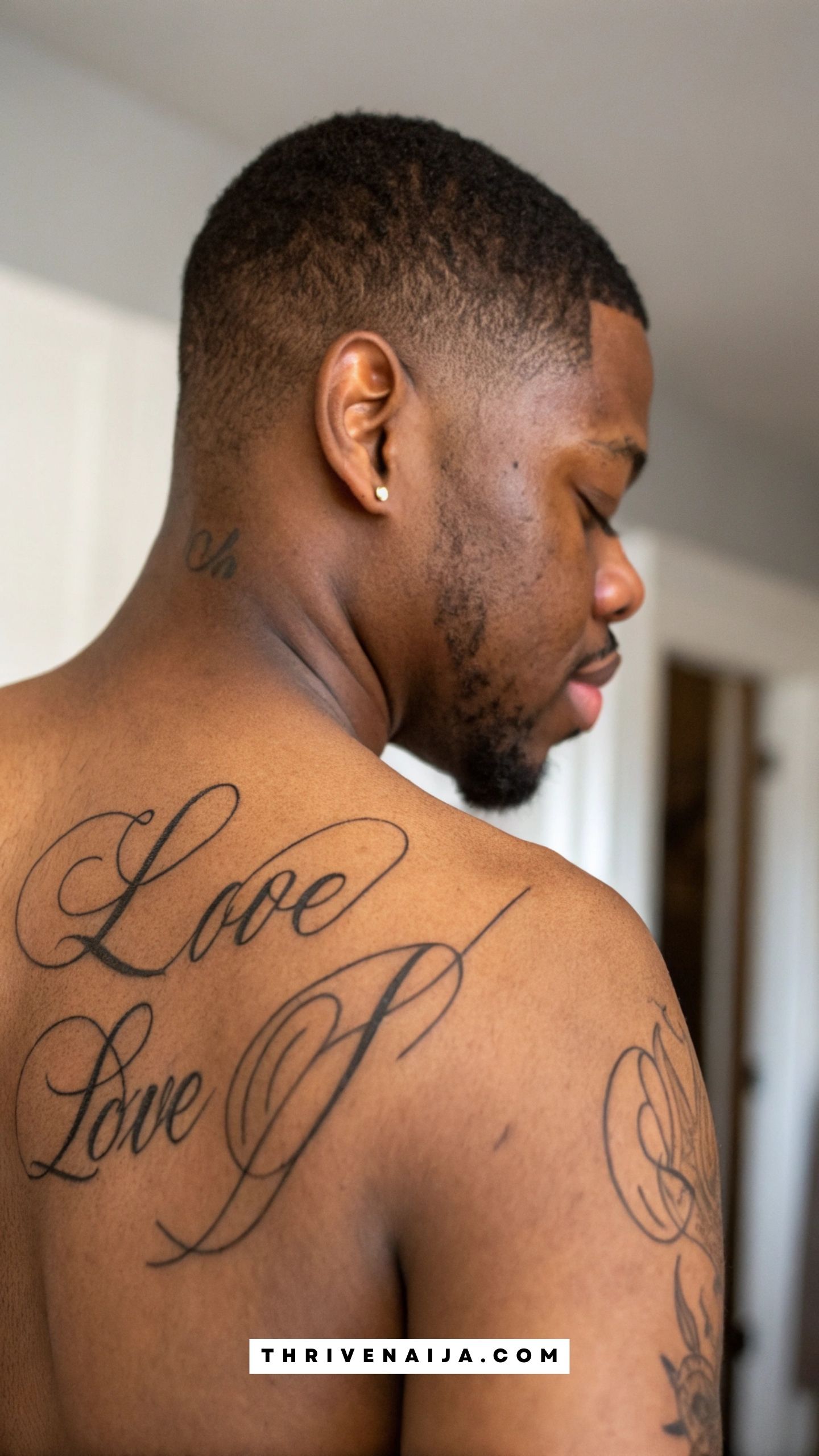 “My Son, My Strength” Script Shoulder Blade Tattoo