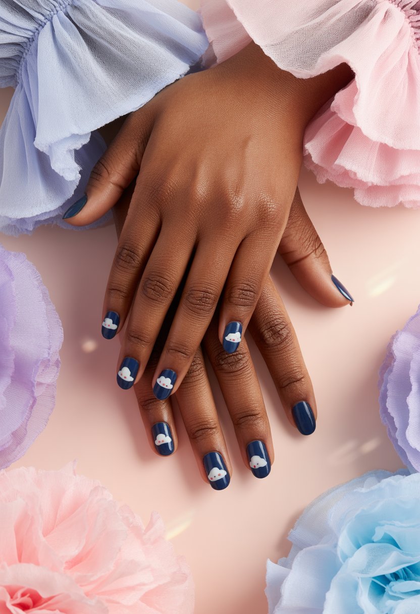 Navy Blue Almond Nails with Cloud Art